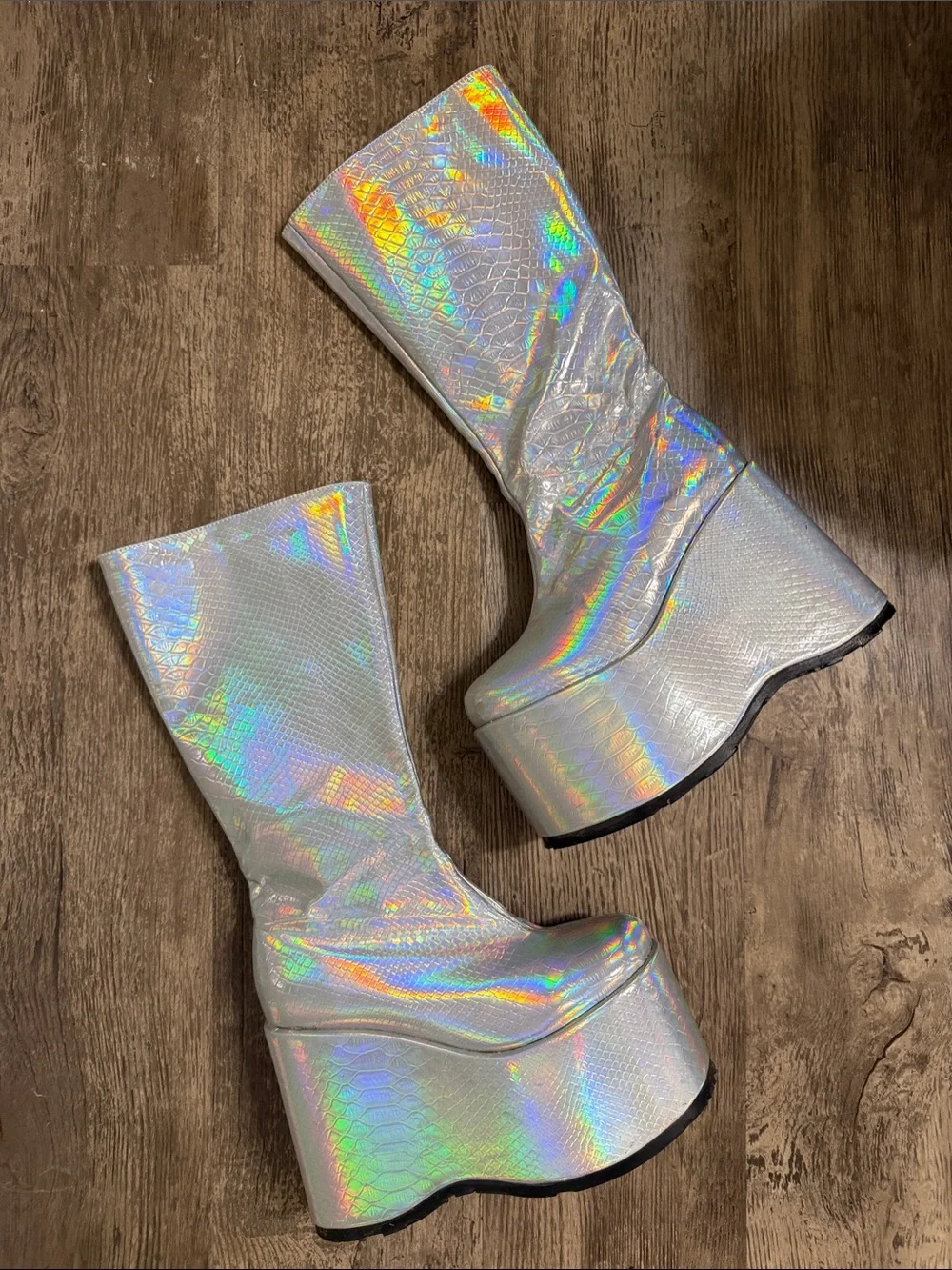 Ellie Holographic Silver Platform Knee-High Boots